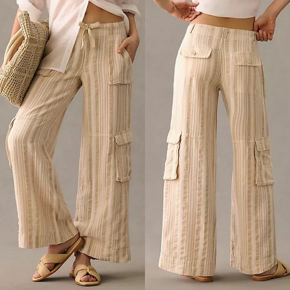 Linen-Blend Wide Leg Cargo Pants in Beige Stripe